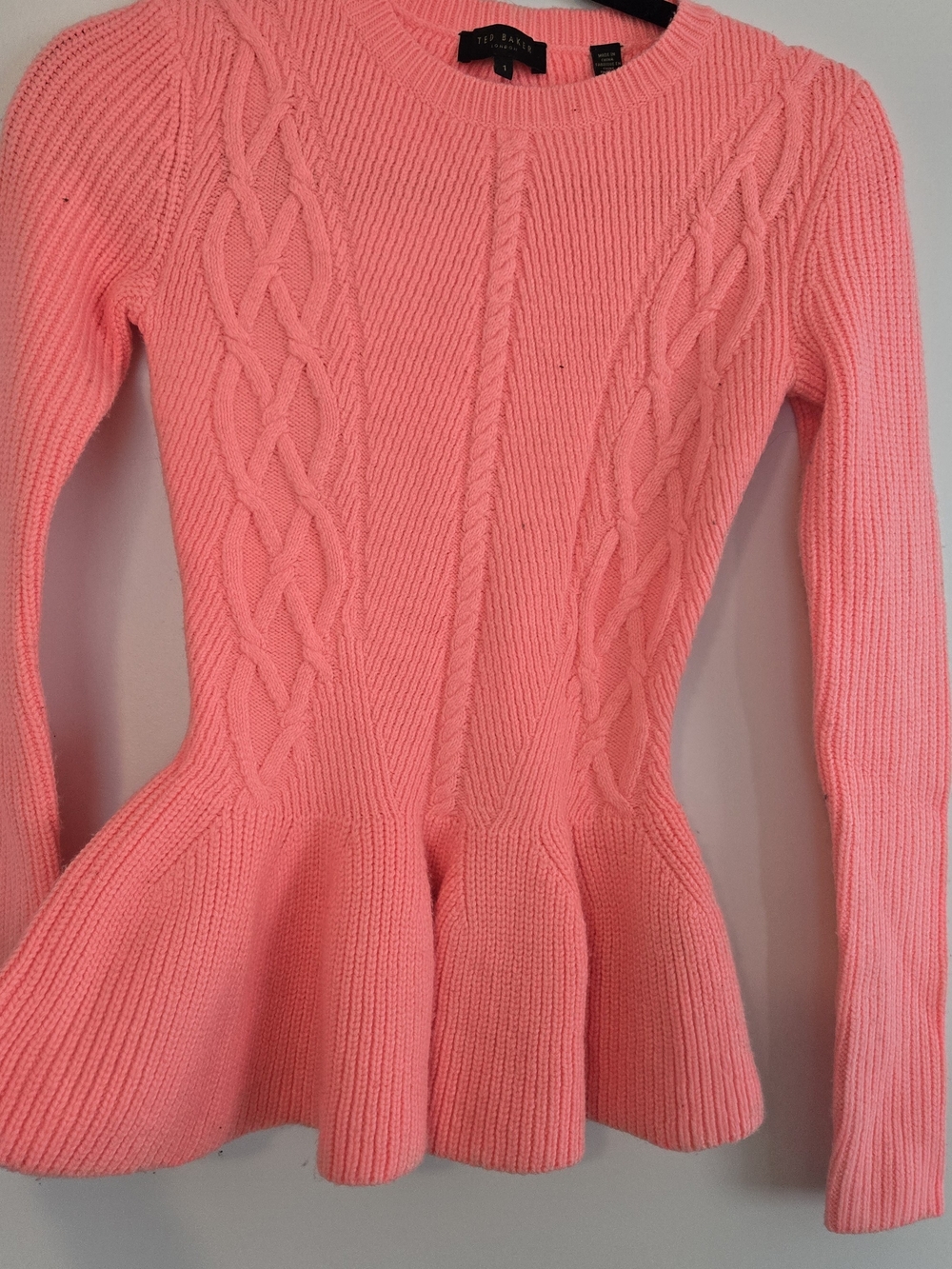 Ted Baker Coral Pink Cable Knit Peplum Sweater